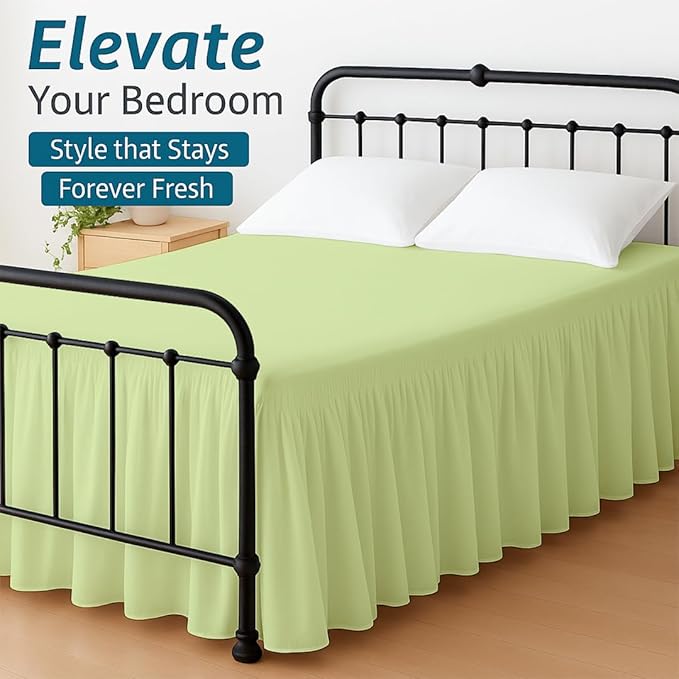 Shreem Linen Ruffled Bed Skirt with Split Corners, Gathered Style, 100% Microfiber, 8-Inch Drop, Dust Ruffle Bedskirt with Platform, Full, Sage