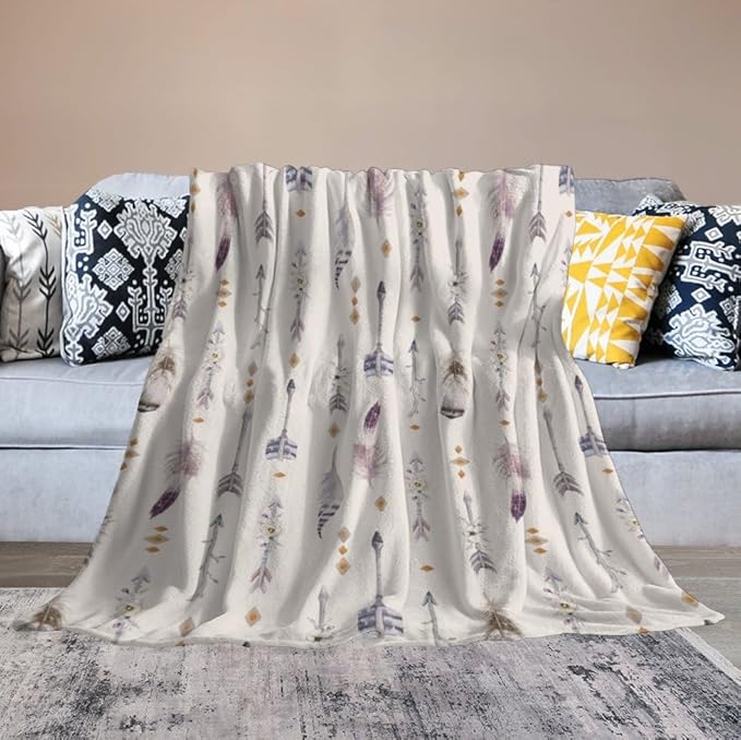 Boho Tribe Blanket, Bohemian Aztec Ethnic Tribe Native Tribal Arrows Feathers Print Pattern Throw Blanket for for Chair Bed Sofa Couch 30"x40"