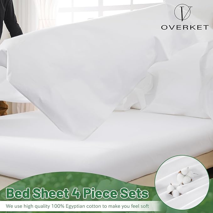 Egyptian Cotton Sheets Full Size 4PCS 1000 Thread Count Sateen Weave Soft Breathable 16-Inch Deep Pocket （Full,White）
