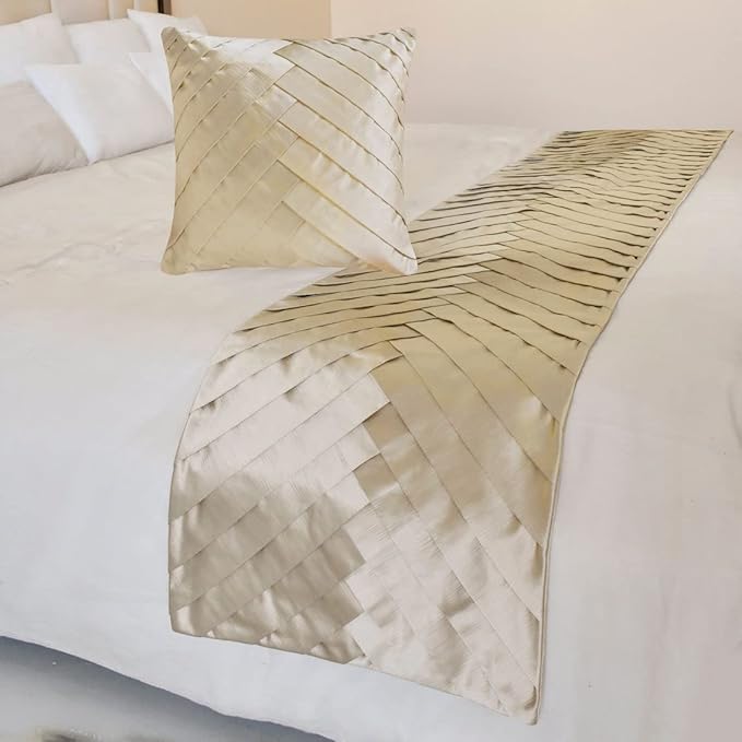 The HomeCentric King/Queen/Twin Ivory Designer King 90"x18" Bed Runner with 2 Pillow Cover, Pintucks, Textured & Satin Bed Scarf on Satin Fabric - Glazed Satin