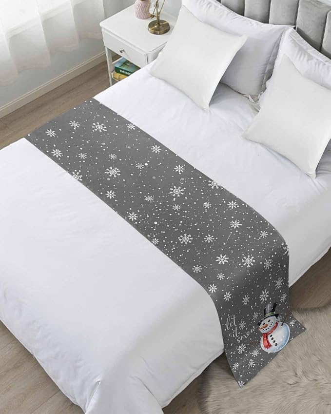 Christmas Snowman Winter Snowflakes Bed Runners for Bedroom Hotel,Decorative Bedding Scarf Gray White Bed End Blanket Bedding Runner Scarves for Full Size Bed,83x20in