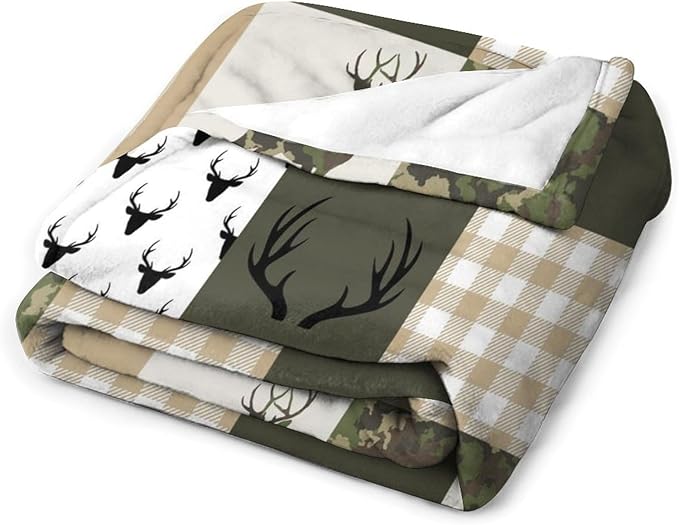 Camouflage Deer Blanket, Vintage Camo Green Beige Plaid Rustic Cabin Wildlife Hunting Blankets for Mens Room Bed Sofa, 60"x80"