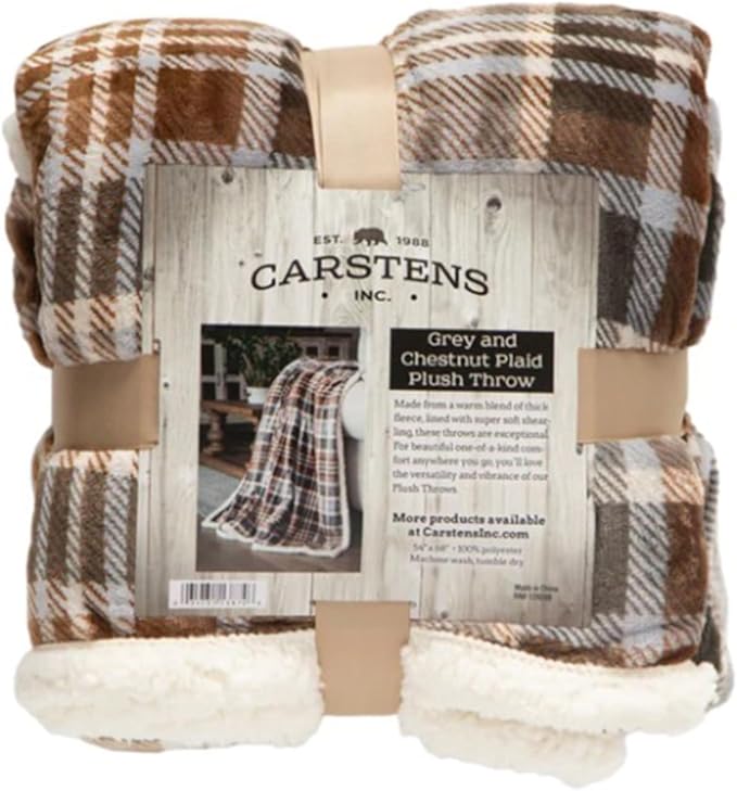 CARSTENS, INC. Ultra Premium Super Soft Plush Sherpa Fleece Oversized Throw Blanket 54" x 68", Gray Chestnut Plaid