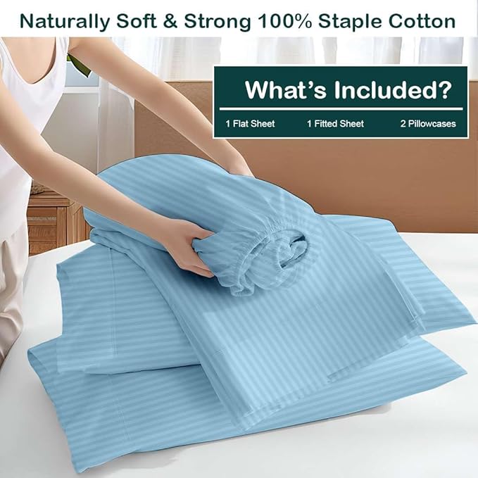 NON Sticky cotton Full Size Sleeper Sofa Sheets, 4 Piece Egyptian Cotton Bed Sheet Set for Sofa Bed, 10" Deep Pocket for Pull Out Couch Mattress, 54" x 75", Light Blue Stripe, Soft & Breathable