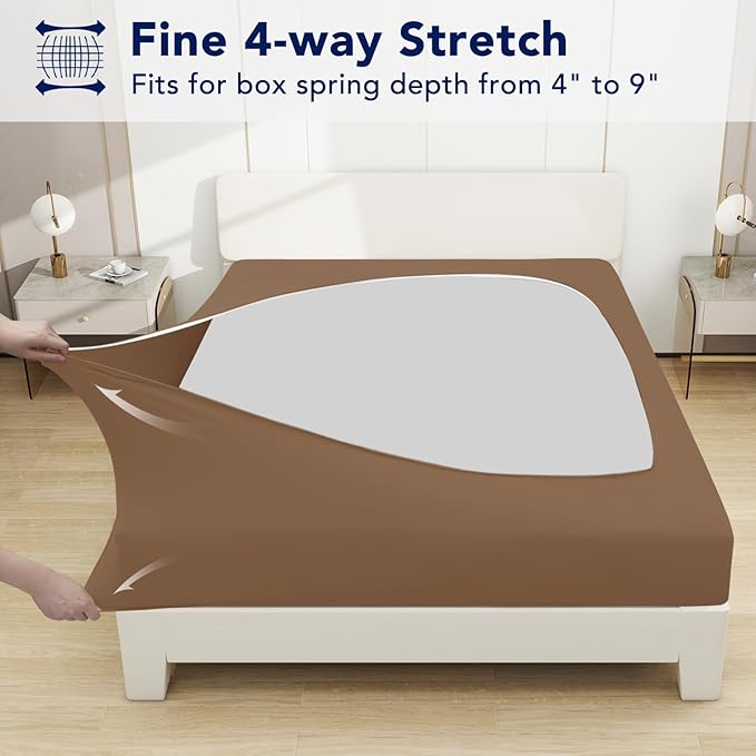 PureFit Stretchy Box Spring Cover Queen - Elastic Fitted Box Spring Wrap Around 4 Sides, Wrinkle & Fading Resistant Fits Queen Size Beds, Brown