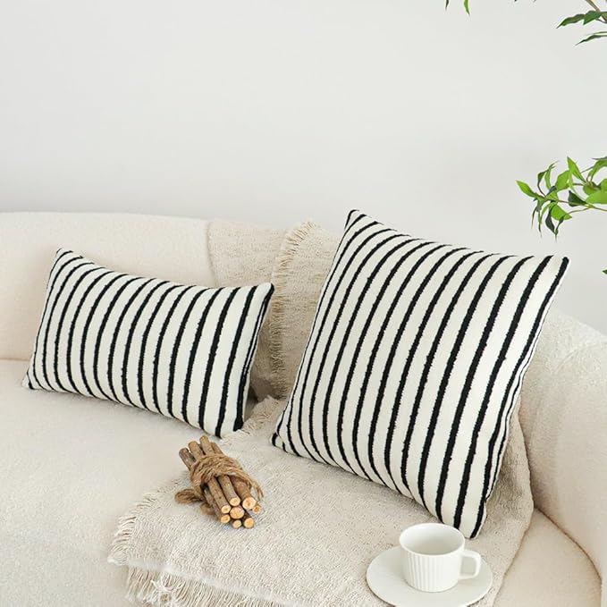 Jonhier White Striped Boho Throw Pillow Cover, Modern Boucle Textured Square Pillowcase for Sofa Couch Bed, Neutral Farmhouse Accent Decorative Cushion Cover for Living Room Bedroom, 20 x 20 inch