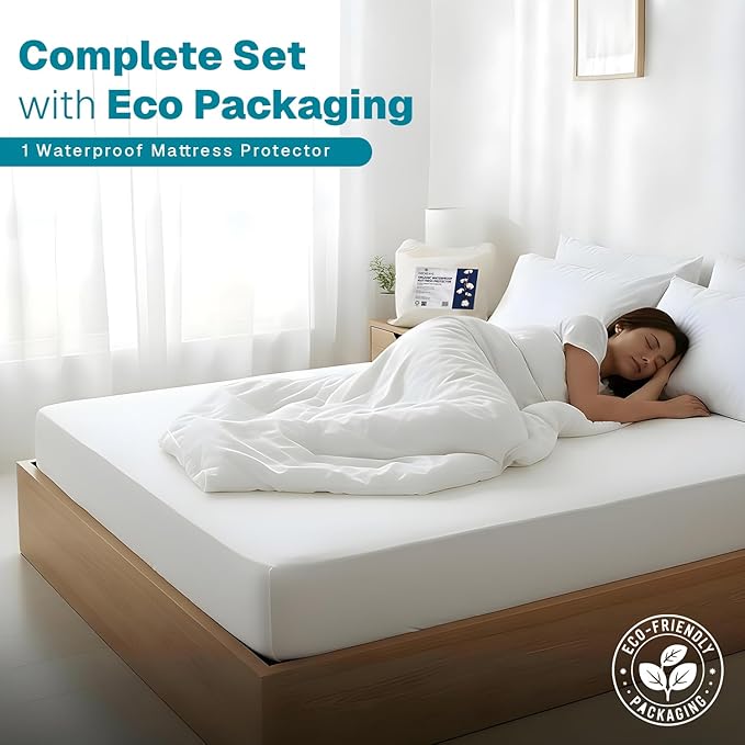 FABDREAMS Organic Waterproof Mattress Protector Queen Size|Queen Mattress Cover| Size Mattress Encasement| Fits up to 17" Deep Pocket|Temperature Regulating | Breathable| White