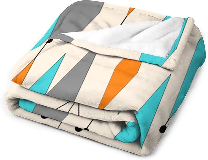 Mid Century Flannel Throw Blankets, Mid Century Modern Geometric Atomic Shapes Orange Retro Style Boho Print Blanket for Bed Couch Sofa Fuzzy Tv Throws 40"x50"