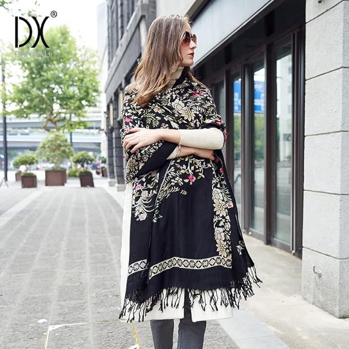 DANA XU 100% Merino Wool Extra Large Pashmina Blanket Travel Scarf Cashmere Wrap for Women Fall Winter Oversize Shawl Floral