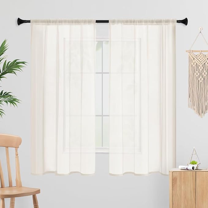 Sheer Curtains 63 Inches Long 2 Panels, Rod Pocket Short Curtain for Kitchen, Bedroom, Cafe Window(Ivory 38" W x 63" L)