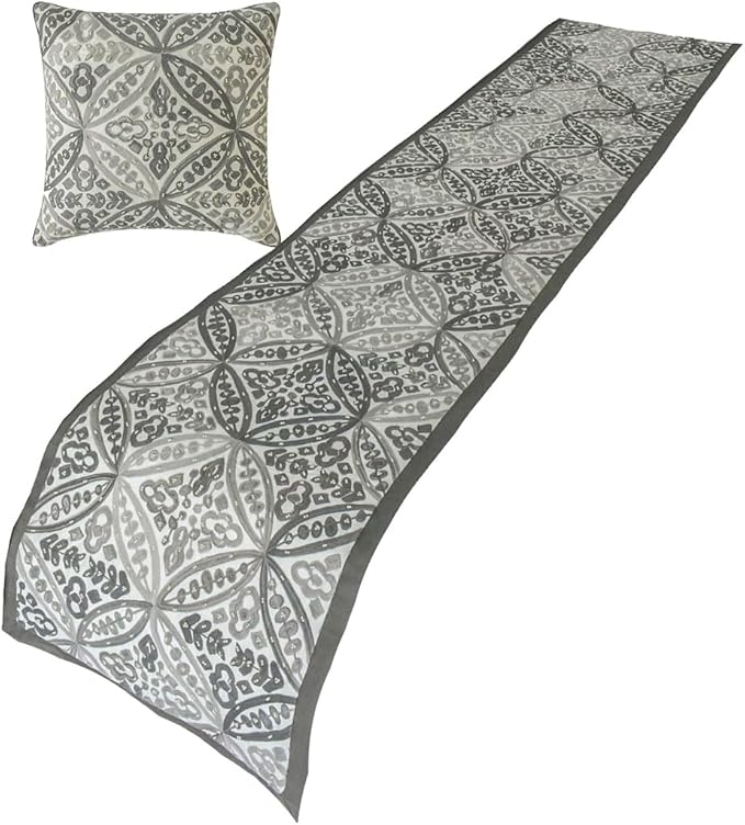 The HomeCentric King/Queen/Twin Gray Designer Twin 53"x18" Bed Runner Without Pillow Cover, Moroccan, Pearl, Geometric & Embroidered Bed Scarf on Embroidered Fabric - Meryem