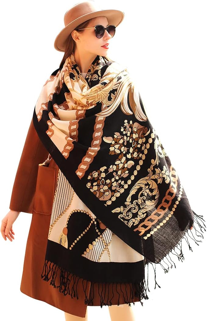 DANA XU 100% Merino Wool Pashmina Shawl for Women 96"x43", Oversized Cashmere Wrap with Tassels, Floral Travel Blanket Cape