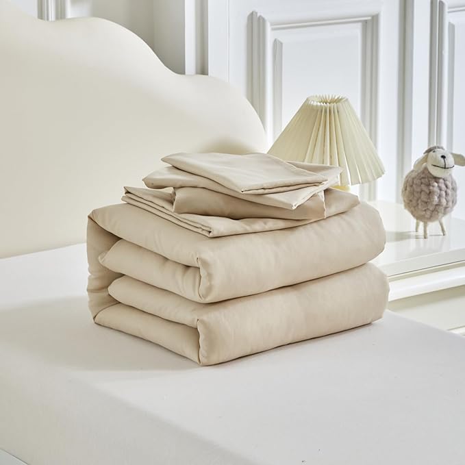 Toddler Bedding Set - 5 Piece Soft and Breathable Toddler Bed Set for Boys and Girls, Includes Quilted Comforter, Fitted Sheet, Flat Top Sheet, Standard Pillowcase and Toddler Pillowcase, Cream Beige