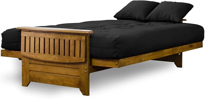 Nirvana Futons Brentwood Tray Arm Futon Sofabed Set - Queen Frame, 8" Thick Black Mattress, Rich Heritage Finish