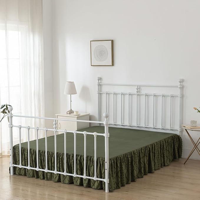 Bed Skirt King Size Ruffled Bed Skirt with Split Corners, 14 Inch Drop Dust Ruffle Bed Skirts with Platform, Boho Tufted Shabby Chic King Size Bed Skirts, Olive Green