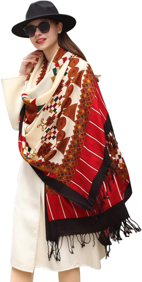 DANA XU 100% Merino Wool Pashmina Shawl for Women 96"x43", Oversized Cashmere Wrap with Tassels, Floral Travel Blanket Cape