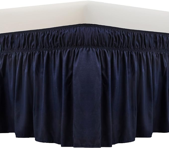 MEILA Wrap Around Bed Skirt Three Fabric Sides Elastic Dust Ruffled 18 Inch Tailored Drop,Easy to Install Fade Resistant-Navy Blue, Queen/King