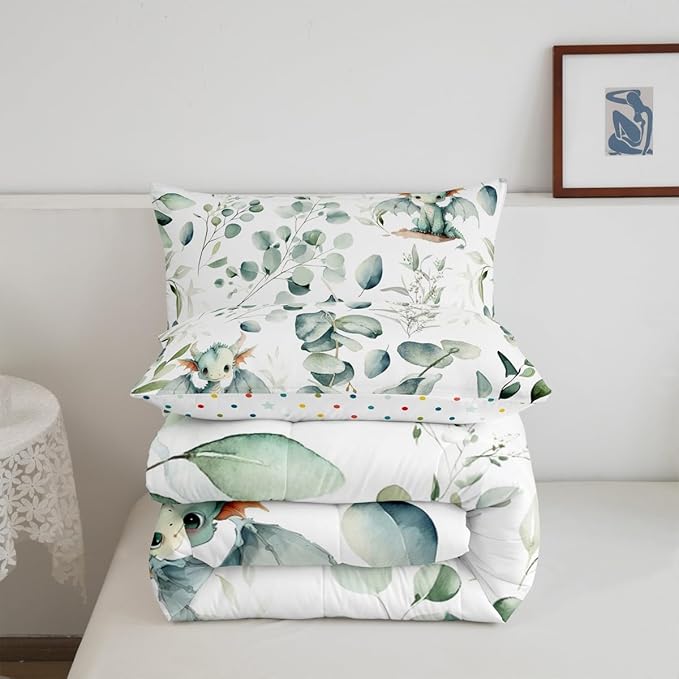 Erosebridal Boys Magic Animal Bedding Queen Size Cute Dragon Comforter Set Queen, Cartoon Wildlife Duvet Insert Green Leaf Quilt Set, Spring Plant Bedding Comforters & Sets Child Kids Bedroom Decor