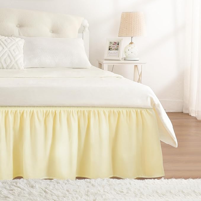 RIMELA Bed Skirt Queen Size 15 Inch Drop, Wrap Around Elastic Bedskirt Solid Microfiber Luxury Hotel Quality Fabric, Easy to Install Machine Washable Wrinkle & Fade Resistant, Light Yellow