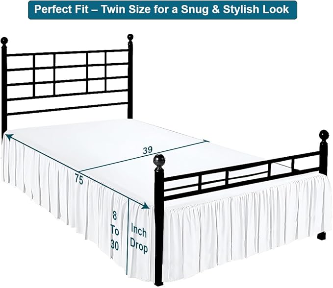 Shreem Linen Ruffled Bed Skirt with Split Corners, Gathered Style, 100% Microfiber, 28-Inch Drop, Dust Ruffle Bedskirt with Platform, Twin, White