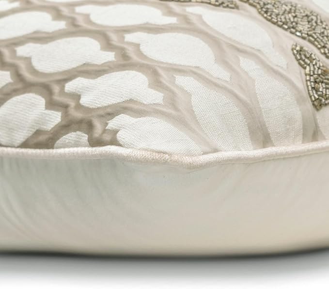 The HomeCentric King/Queen/Twin Ivory Decorative Queen 74"x18" Bed Runner with Two Pillow Cover, Bead Hand Embroidery Bed Scarf on Jacquard Fabric - Priscilla Dazzle