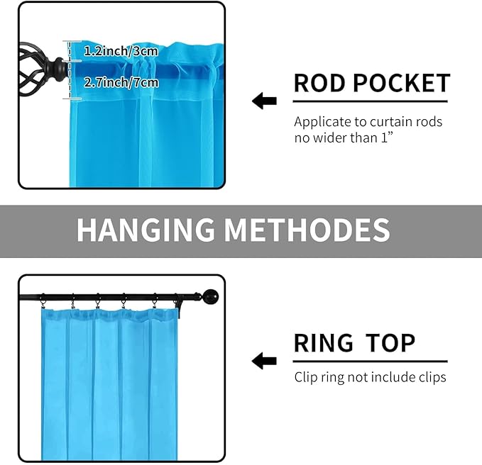 Sheer Curtains 54 Inches Long 2 Panels, Rod Pocket Short Curtain for Kitchen, Bedroom, Cafe Window(Cyan Blue 38" W x 54" L)