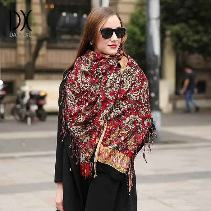 DANA XU 100% Merino Wool Pashmina Shawl for Women 96"x43", Oversized Cashmere Wrap with Tassels, Floral Travel Blanket Cape