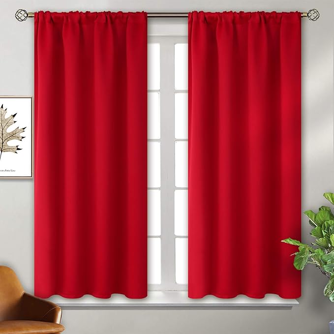 BGment Short Red Blackout Curtains 45 Inches Length for Bedroom- Rod Pocket Thermal Insulated Room Darkening Drapes Christmas Decor for Cafe Kitchen Bathroom Window, 42 x 45 Inch, 2 Panels