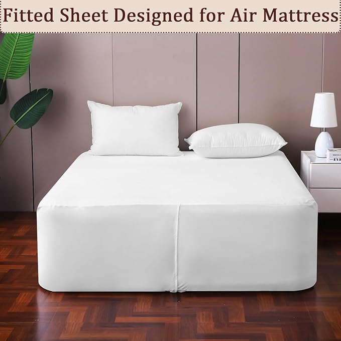 Fitted Sheet for Full Size Air Matress, with 18-24 Inch Extra Deep Pocket, Soft Breathable Air Mattress Sheet Cover for Inflatable Bed, White