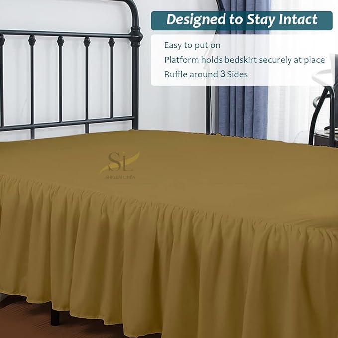 Shreem Linen Ruffled Bed Skirt with Split Corners, Gathered Style, 100% Microfiber, 18-Inch Drop, Dust Ruffle Bedskirt with Platform, Full-XXL, Taupe