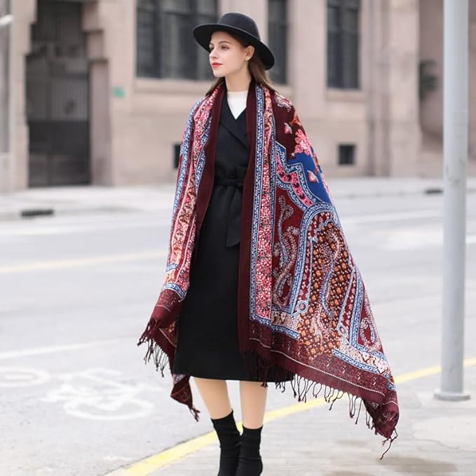DANA XU 100% Merino Wool Extra Large Pashmina Blanket Travel Scarf Cashmere Wrap for Women Fall Winter Oversize Shawl Floral
