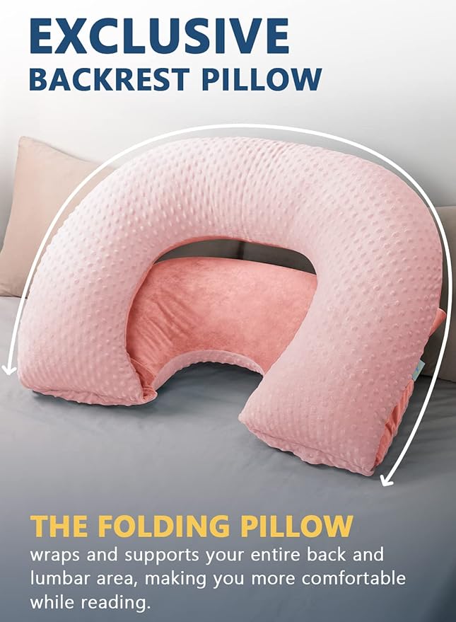 INSEN Reading Pillow, Back Pillow for Sitting in Bed and Couch, Gaming Pillow for Adults, Sit Up Support for Bed (Upgrade-Dot Velvet-Pink, Upgraded)