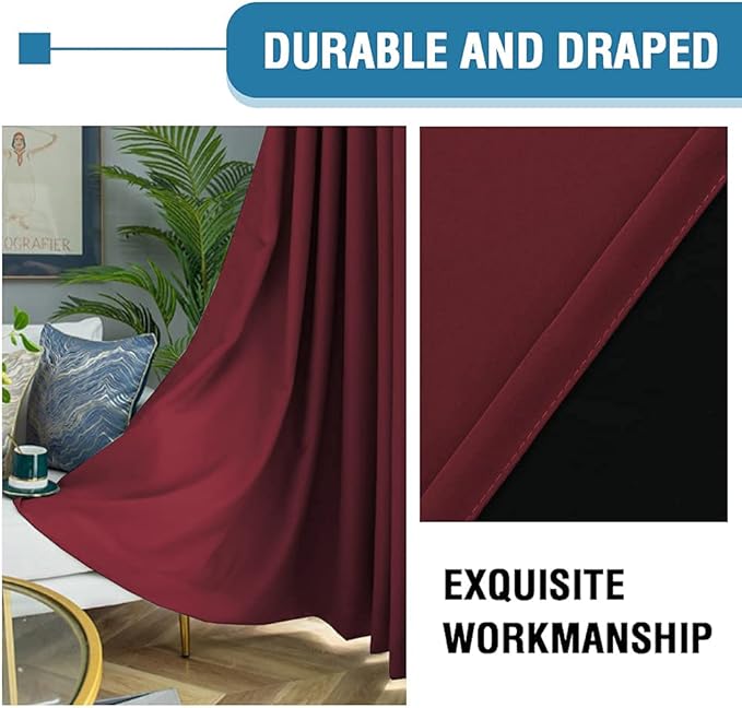 H.VERSAILTEX 100% Blackout Curtains for Bedroom Thermal Insulated Blackout Curtains 45 inch Length Full Light Blocking Curtains for Living Room with Black Liner 2 Panels Set, Burgundy