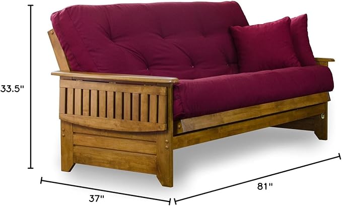 Nirvana Futons Brentwood Tray Arm Futon Sofabed Set - Full Frame, 8" Thick Burgundy Mattress, Rich Heritage Finish