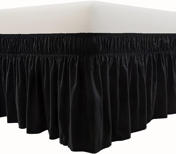 MEILA Wrap Around Bed Skirt Three Fabric Sides Elastic Dust Ruffled 16 Inch Tailored Drop,Easy to Install Fade Resistant-Black, Twin/Full