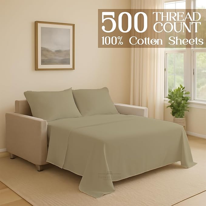 Sleeper Sofa 4 Piece Bed Sheet Set Premium Quality 100% Cotton 500 Thread Count, Smooth & Super Soft Sateen Weave, Extra Soft Bed Sheets, Wrinkle Free, 8 Inch Deep Pocket (Full, Beige)