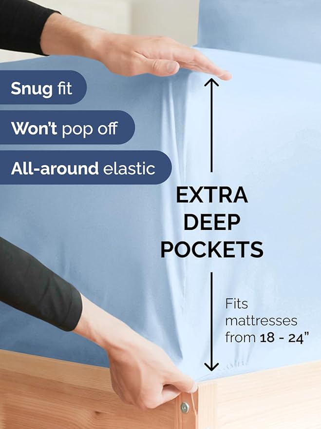 Extra Deep King Fitted Sheet - Hotel Luxury Single Fitted Sheet Only - Easily Fits 18 inch to 24 inch Mattress - Ultra Soft, Wrinkle & Fade Free w/Extra Deep Pockets - Breathable & Comfy - Light Blue