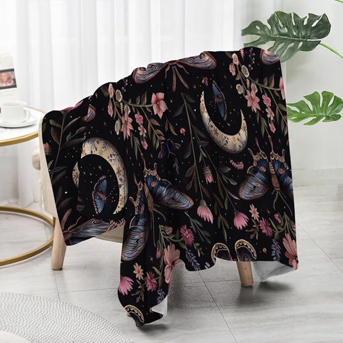 Moon Moth Throw Blanket 50"x60" Soft Cozy Lightweight Flannel,Mystical Night Garden Botanical Celestial Blankets Gifts for Women Gothic Witchy Blanekts for Couch Office Travel Home Decor