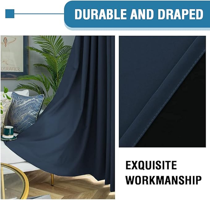 H.VERSAILTEX 100% Blackout Curtains for Bedroom Thermal Insulated Blackout Curtains 96 inch Length Heat and Full Light Blocking Curtains for Living Room with Black Liner 2 Panels Set, Navy