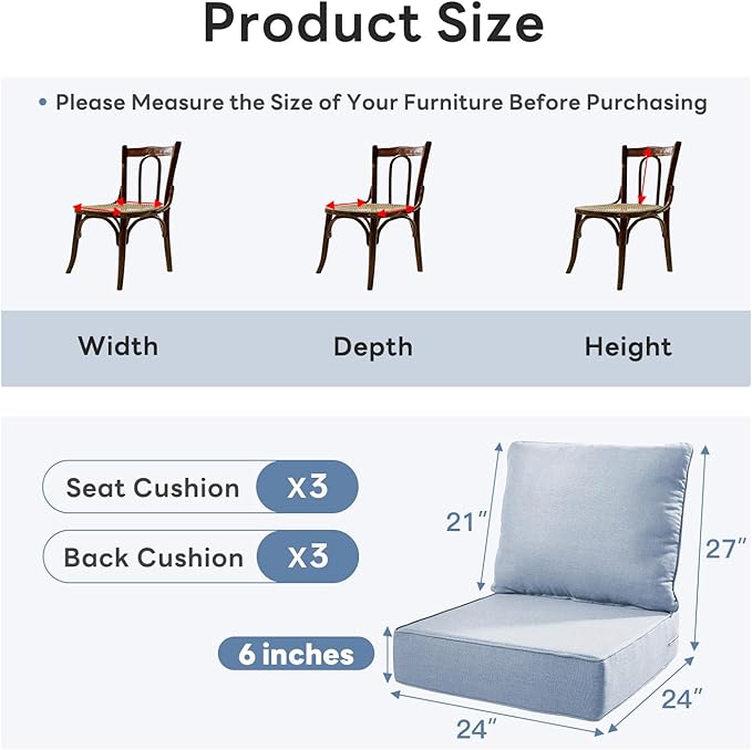 6" Thicker Outdoor Chair Cushion 3 Sets - 24" *24" *6" Waterproof Patio Furniture Cushions with Removable Cover, 28D High Density Sponge Filling Thicken Outdoor Patio Cushions - Baby Blue