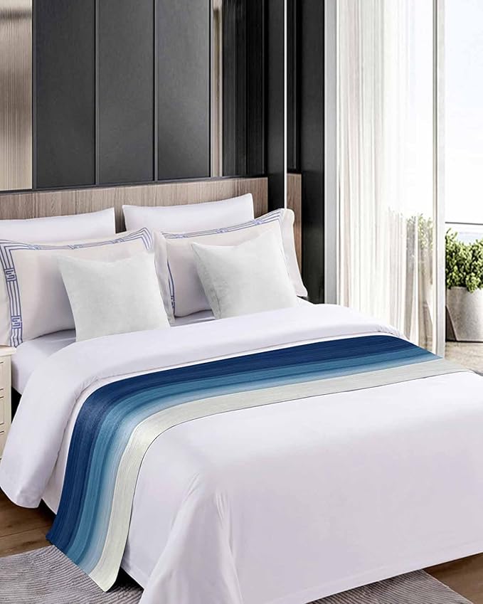 Abstract Navy Blue Ombre Stripe Art Bed Runners for Bedroom Hotel,Decorative Bedding Scarf Modern Color Line Texture Bed End Blanket Bedding Runner Scarves for King Size Bed,102x20in