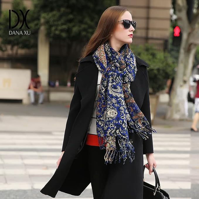 DANA XU 100% Merino Wool Pashmina Shawl for Women 96"x43", Oversized Cashmere Wrap with Tassels, Floral Travel Blanket Cape