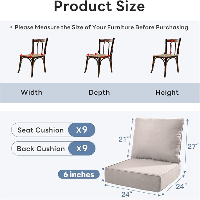 6" Thicker Outdoor Chair Cushion 9 Sets - 24" *24" *6" Waterproof Patio Furniture Cushions with Removable Cover, 28D High Density Sponge Filling Thicken Outdoor Patio Cushions - Beige