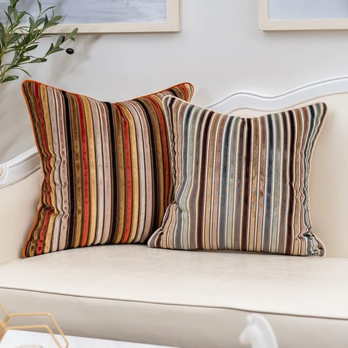 Yangest Orange Striped Throw Pillow Cover Multicolor Velvet Cushion Cover Modern Bohemian Pillowcase for Sofa Couch Bedroom Living Room Home Christmas Decoration,16x16 Inch