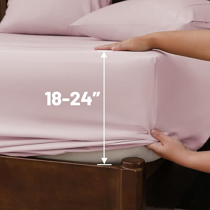 Extra Deep Pocket Queen Sheets 18-24 Inch 100% Egyptian Cotton 1000 Thread Count Sateen Weave Soft Breathable 4 Pieces（Queen,Light Pink）