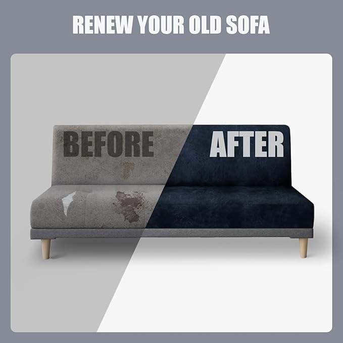 molasofa Leather Like Stretch Futon Slipcover Armless Futon Bed Sofa Cover Furniture Protector with Elastic Bottom, Soft and Washable Futon Cover for Sofa Bed Stay in Place（Medium, Navy Blue）