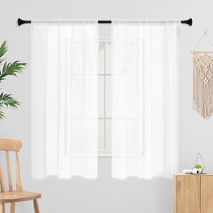 White Sheer Curtains 54 Inches Long 2 Panels, Rod Pocket Short Curtain for Kitchen, Bedroom, Cafe Window(White 38" W x 54" L)