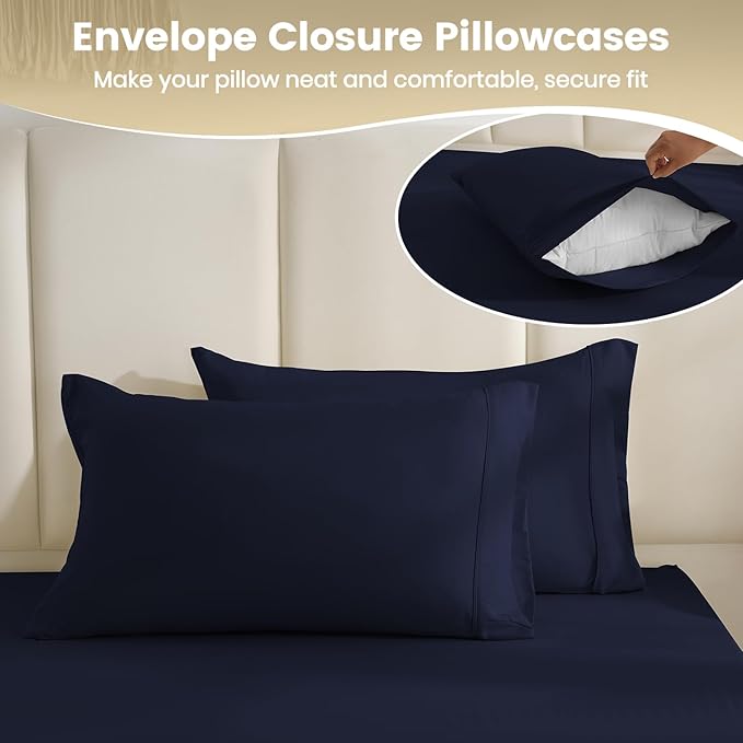 Queen Sheet Set - 4 Piece Silky Soft Breathable Bed Sheet & Pillowcase Set, 16" Deep Pocket Hotel Luxury Wrinkle Free Easy Care Bedding Sheets, Dark Blue
