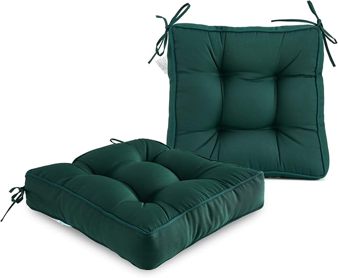 ARTPLAN Outdoor Seat Cushion,Square Thick Tufted Chair Cushion for Patio Wicker Chair with Tie,Set of 2,19"x19"x5",Invisible Green
