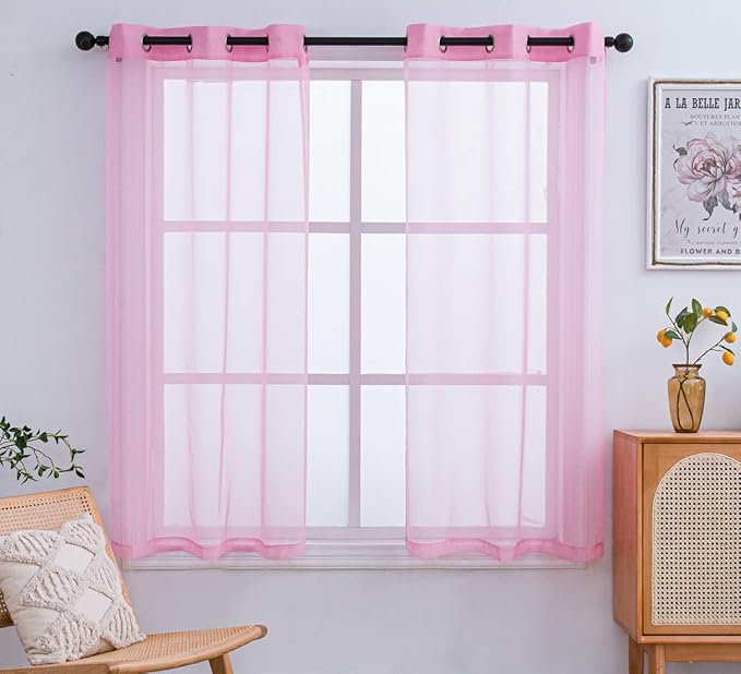 PI Sheer Curtains 45 inches Long with Grommet,Extra Short Sheer Window Treatment for Girls Room/Nursery 2 Panels (W52 X L45, Bright Pink)